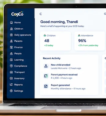 Cooco principal dashboard showing today's children, attendance and recent activity