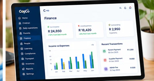 Cooco finance dashboard showing income, expenses, outstanding fees and recent transactions